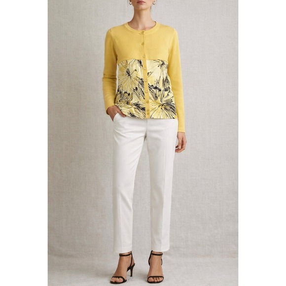 Carolina Herrera Silk Cashmere Wool Floral Print Cardigan Yellow XL 0201SWTGEB